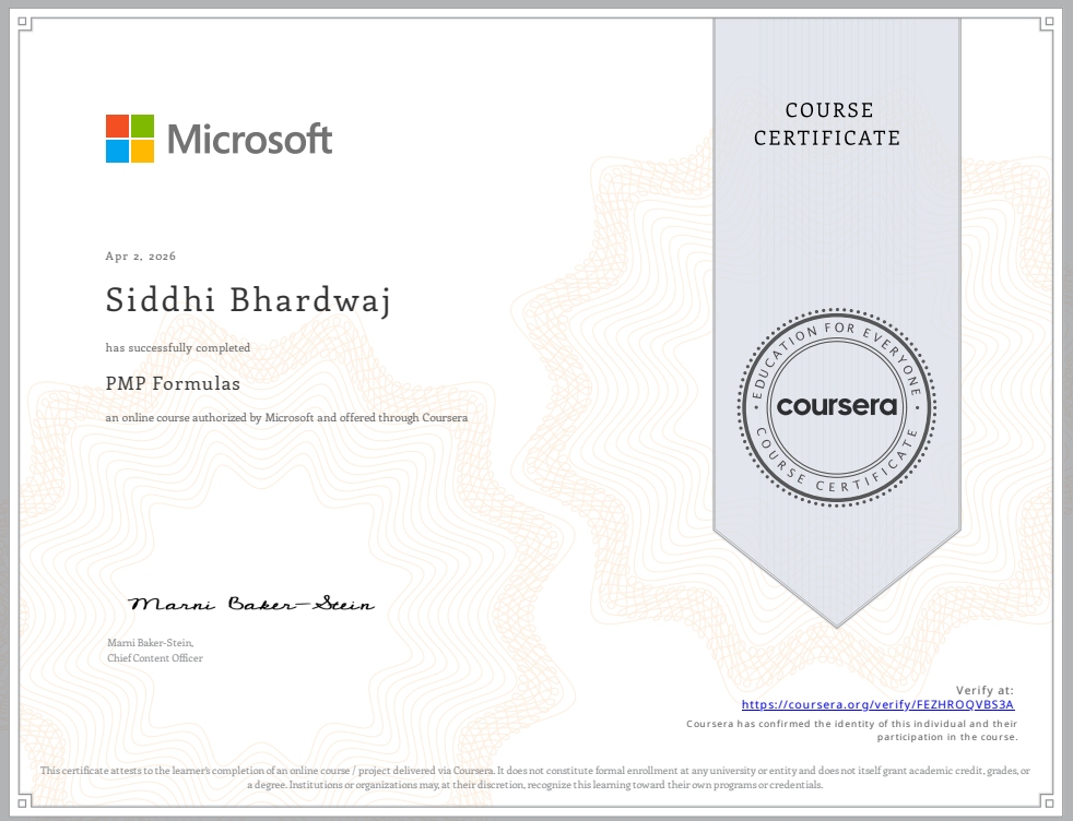 Microsoft PMP Formulas certificate